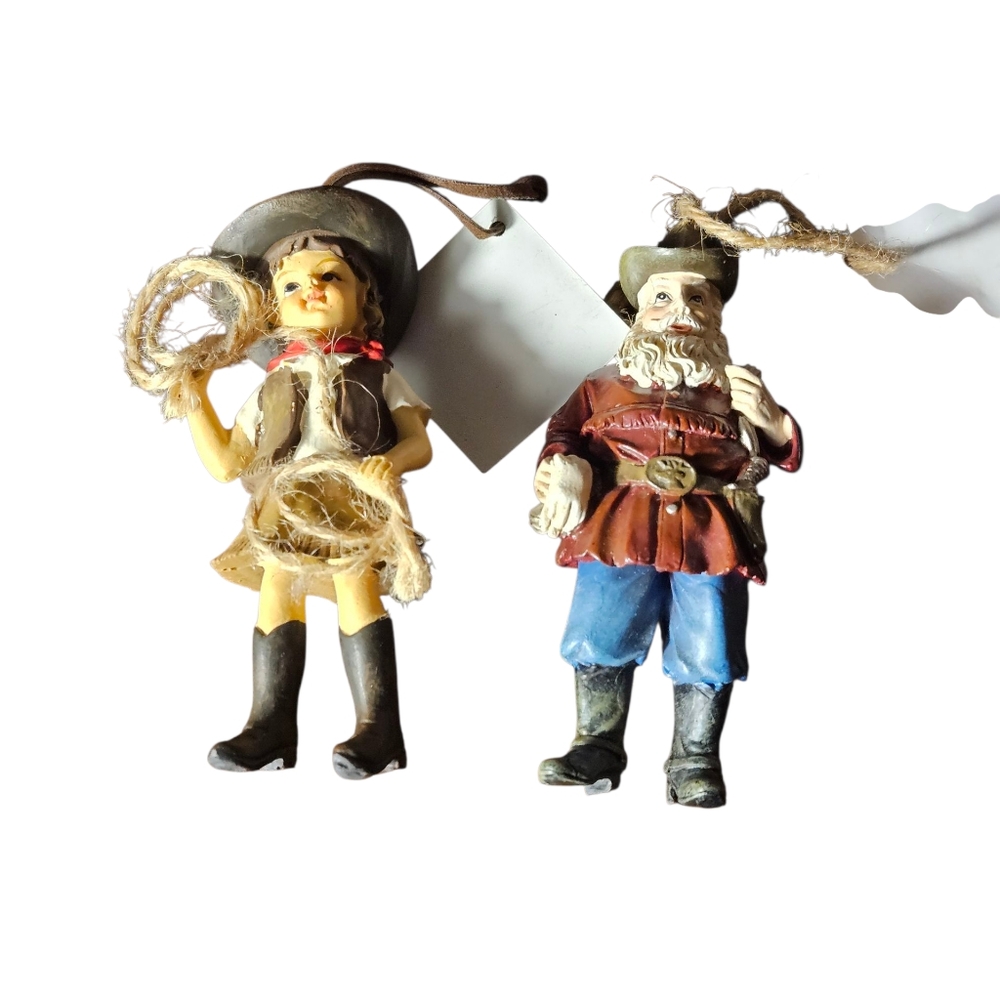 NWT Cowboy and Santa Figurines Christmas Tree Ornaments .